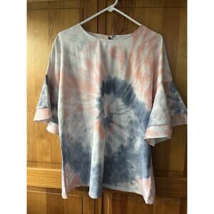 luvamia Women's Casual 3/4 Tiered Bell Sleeve Tie Dye Pink/Grey T Shirts Size L